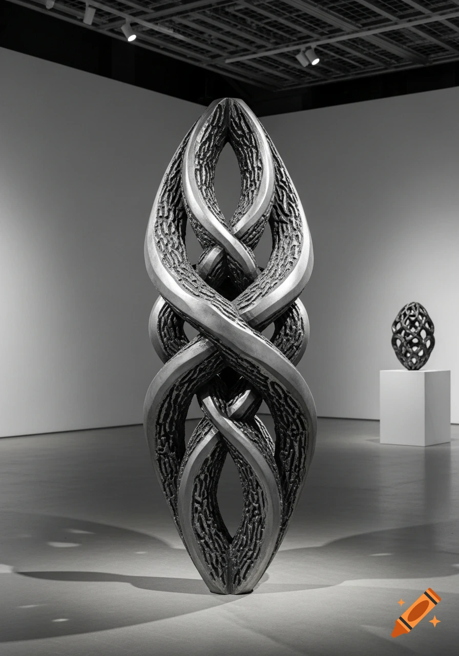 A tall, black and white photorealistic image of an abstract, intertwined metallic sculpture in a modern art gallery.
