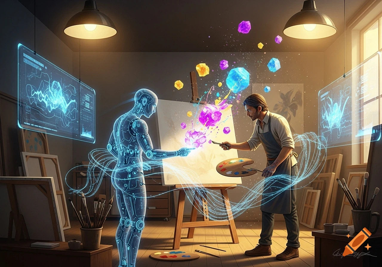 A male artist paints on an easel, collaborating with a glowing blue humanoid AI robot in a futuristic art studio.