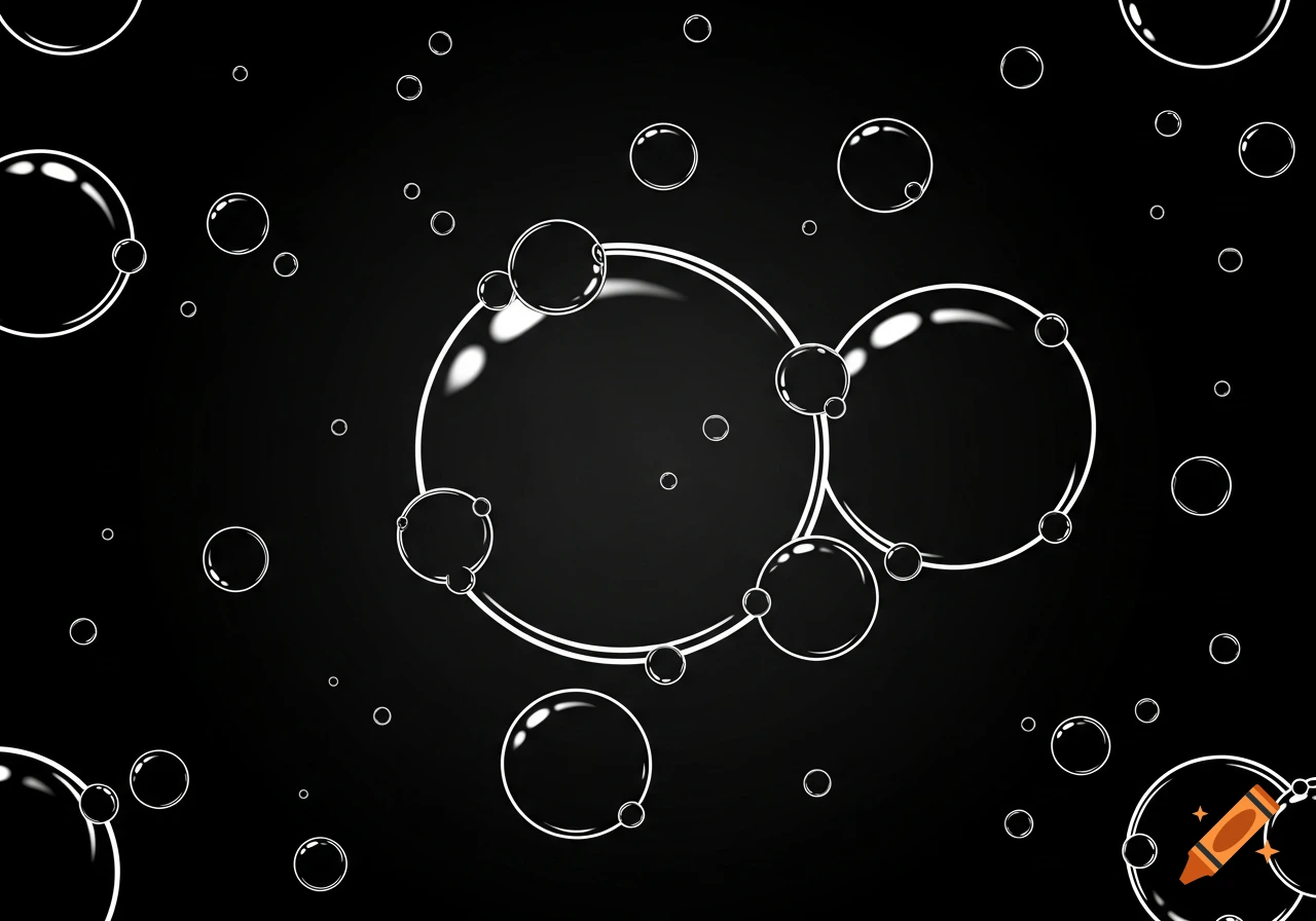 White-outlined bubbles with reflections float against a dark black background.