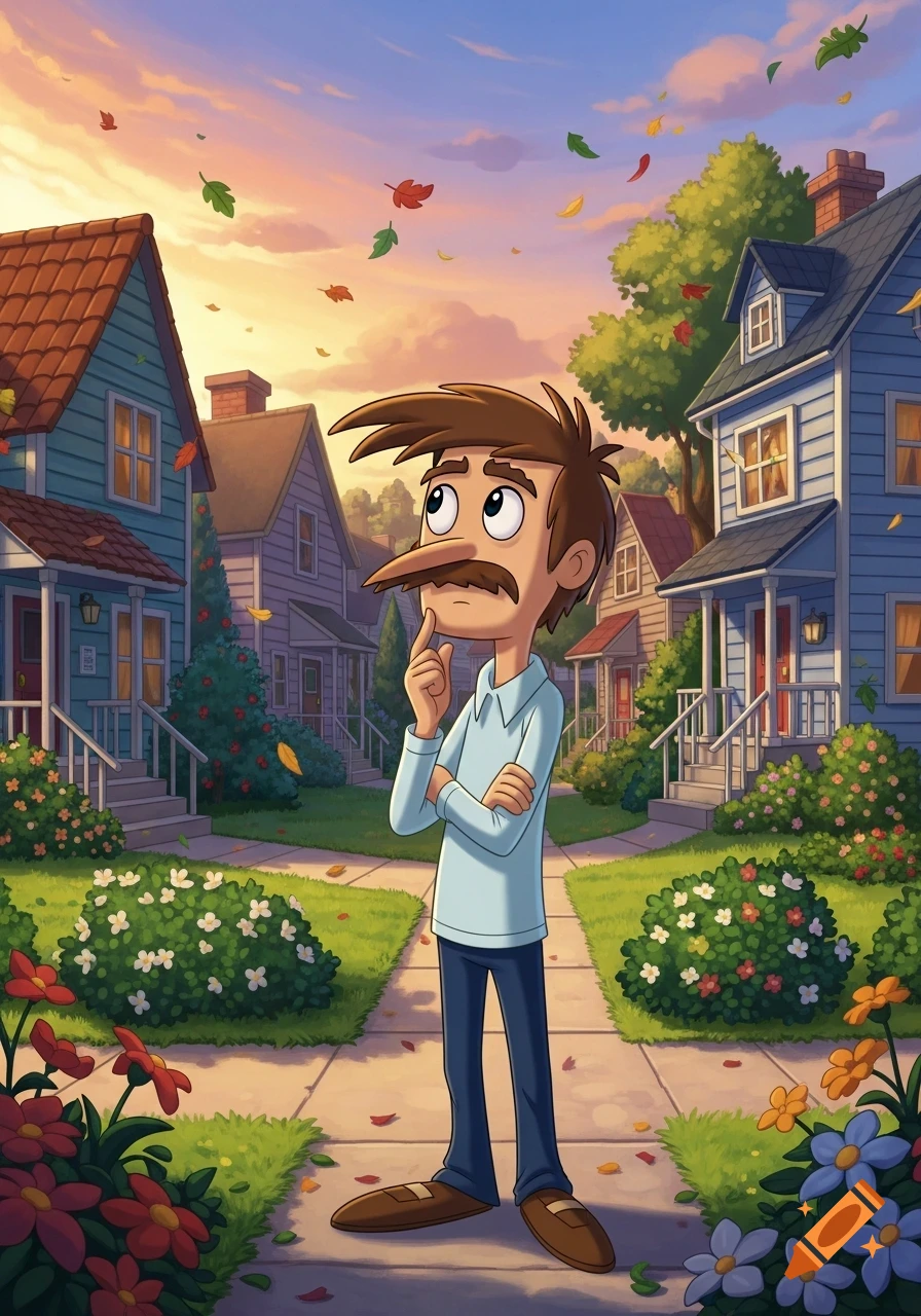 A cartoon man with a long nose and mustache stands thoughtfully on a suburban street as autumn leaves fall under a sunset sky.