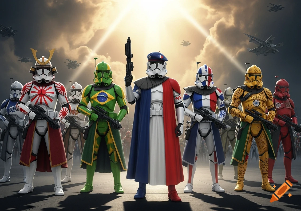 Star Wars clone troopers wearing armor inspired by various national flags, standing in a line with rifles, under a dramatic sky with fighter jets.