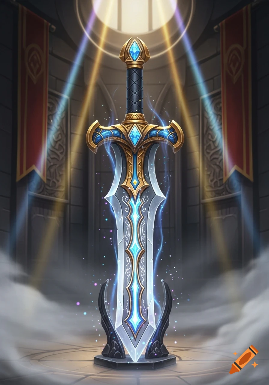 An ornate, glowing blue and gold fantasy sword stands on a pedestal in a grand, illuminated hall with banners.