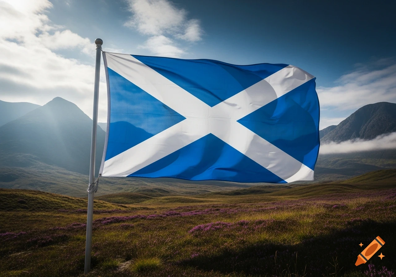 The blue and white Scottish flag waves in a mountain landscape with purple heather fields under a cloudy sky.