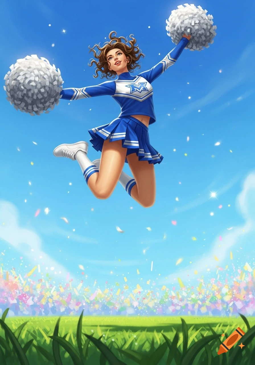 An illustration of a smiling young cheerleader in a blue and white uniform jumping high with white pom-poms against a bright blue sky, with a stadium crowd below.