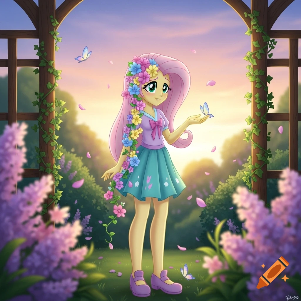 An Equestria Girls character, Fluttershy, with long pink hair adorned with flowers, stands in a vibrant garden with butterflies, in a cartoon style.
