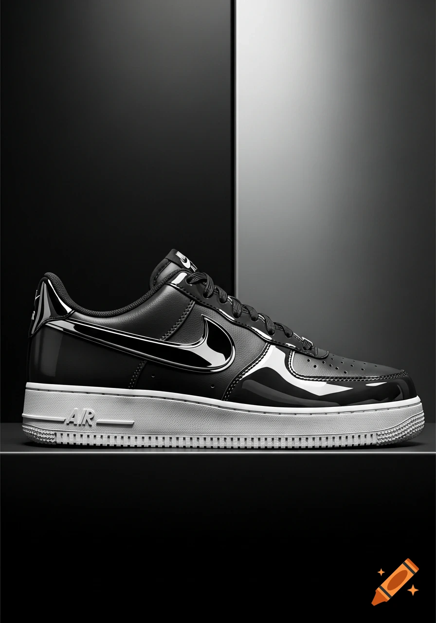 A black and white Nike Air Force 1 sneaker with glossy black accents, shown in profile against a dark, minimalist background.