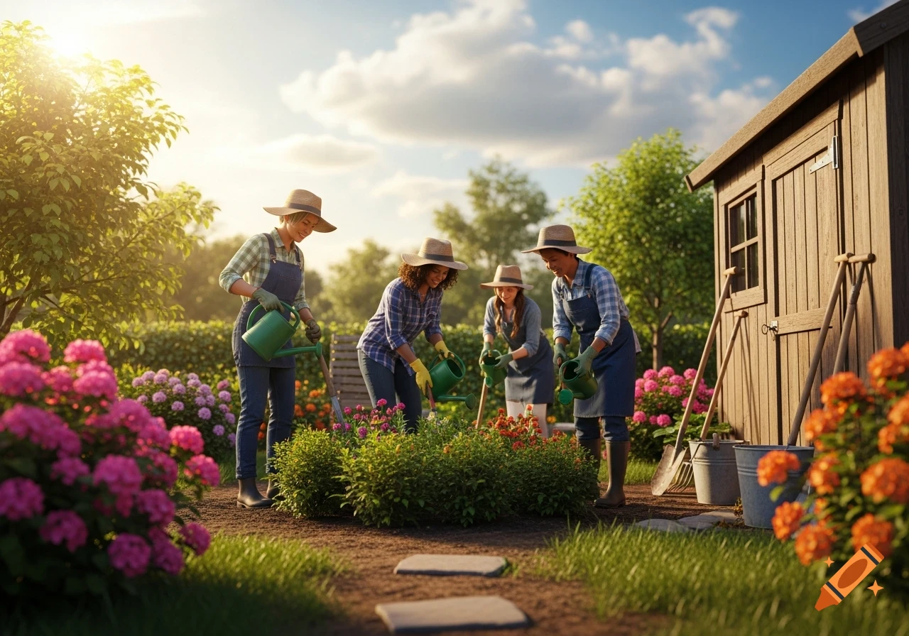 Four women in straw hats and overalls watering plants in a vibrant, sunny garden with a wooden shed.