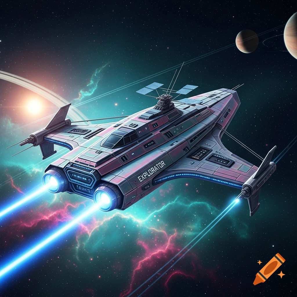A sleek, futuristic purple and blue starship with bright engines flies through a vibrant nebula in deep space.