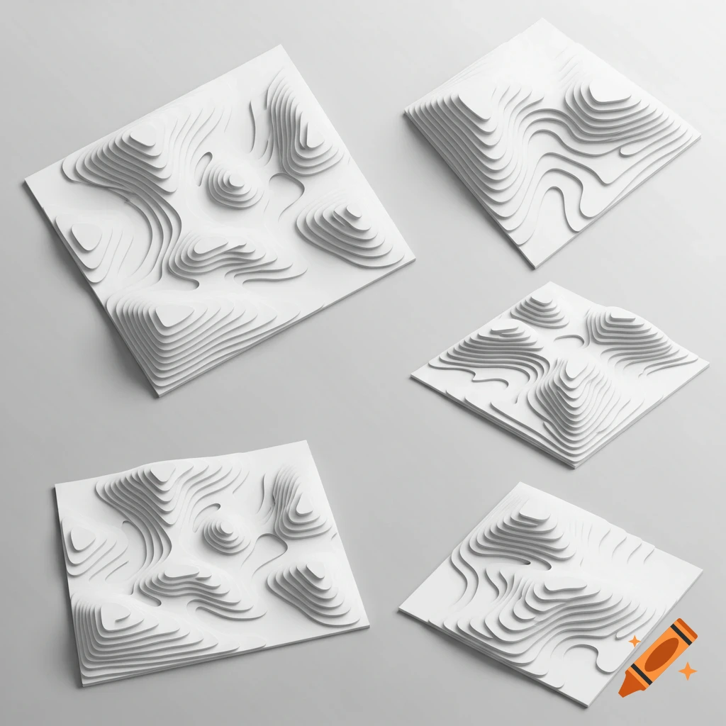 Five white paper terrain models with layered, undulating contours, displayed from various perspectives on a gray background.