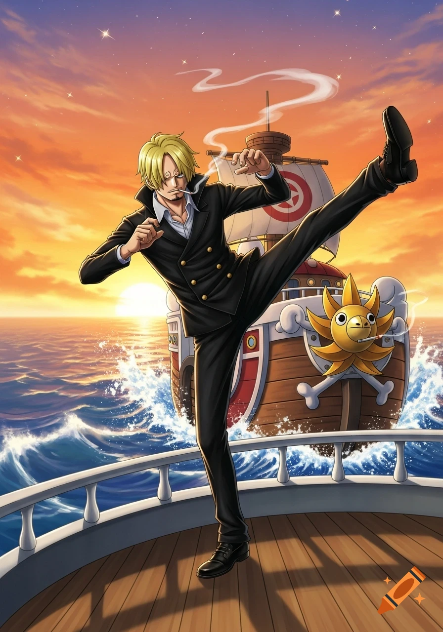 Sanji from One Piece anime performs a high kick on the Thousand Sunny ship at sunset.
