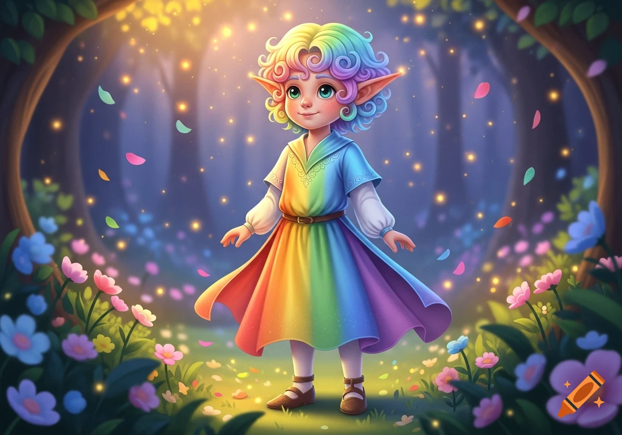 A cute, smiling elf with rainbow curly hair and pointy ears stands in a magical forest, wearing a flowing rainbow dress. Colorful flowers and glowing particles surround the elf.