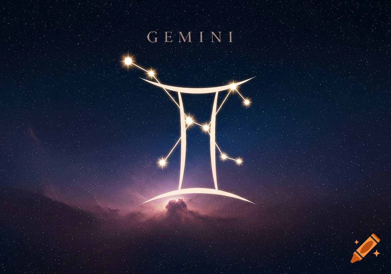 The Gemini constellation and zodiac symbol glowing brightly against a dark, starry night sky with distant cosmic clouds.