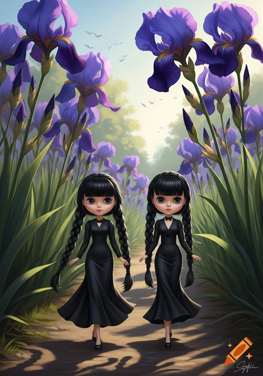 Two Blythe-style dolls with black braided hair and dresses walk on a path through a field of giant purple irises.