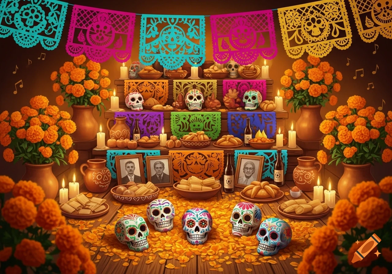 A vibrant Dia de los Muertos Ofrenda featuring marigolds, sugar skulls, candles, food, and framed portraits under colorful papel picado.