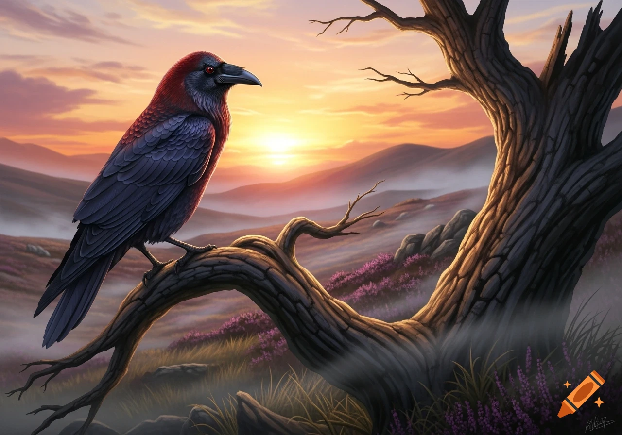 A red and black raven perches on a gnarled tree branch at sunset, with ...