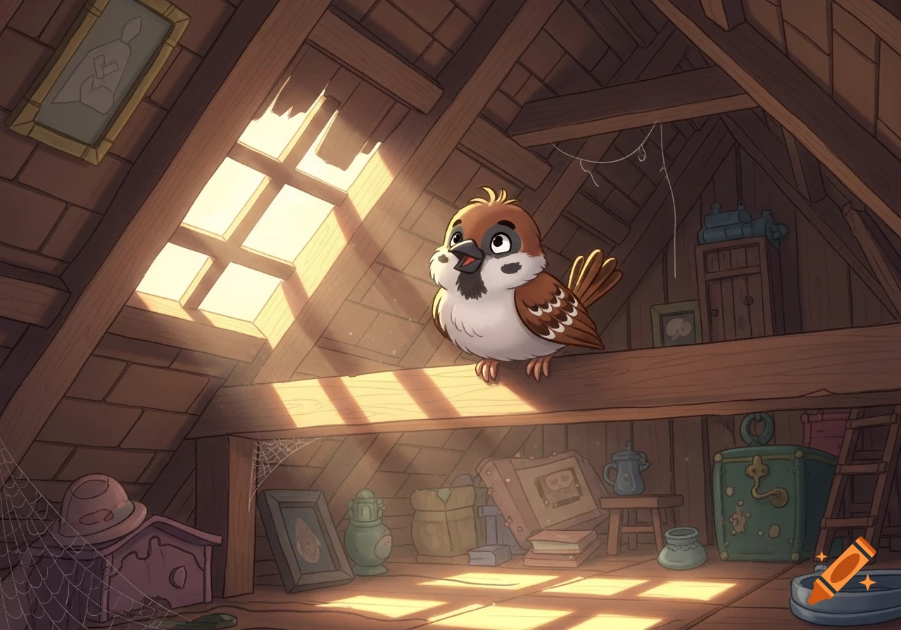 A cute cartoon sparrow perched on a wooden beam in a dusty attic, illuminated by sunbeams from a skylight.