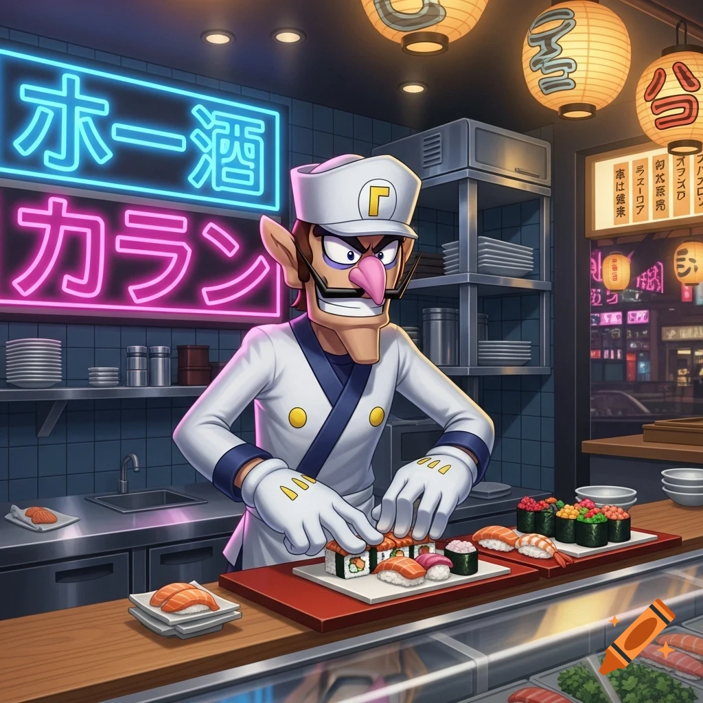 Waluigi, dressed as a sushi chef, prepares sushi rolls and nigiri at a vibrant Japanese restaurant counter under neon lights.