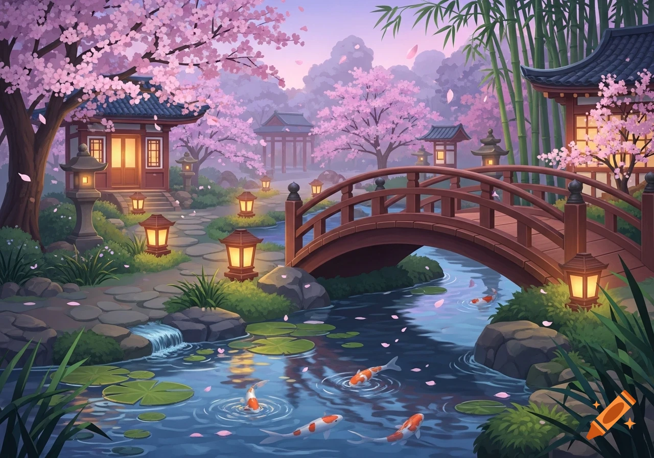 A vibrant Japanese garden with pink cherry blossoms, traditional buildings, a wooden bridge over a stream with koi fish, and stone lanterns.