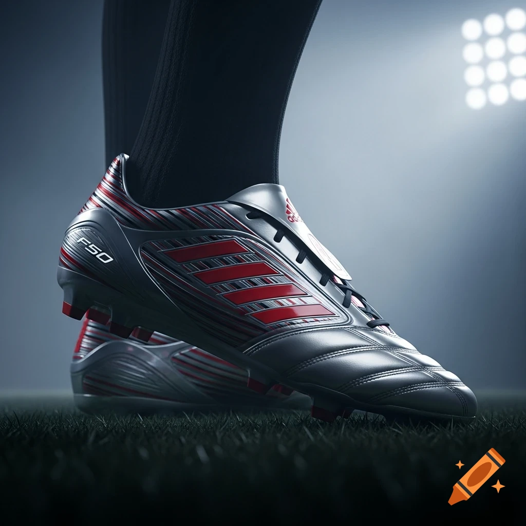 Close-up of a grey and red Adidas F50 soccer cleat on a grass field, under bright stadium lights.