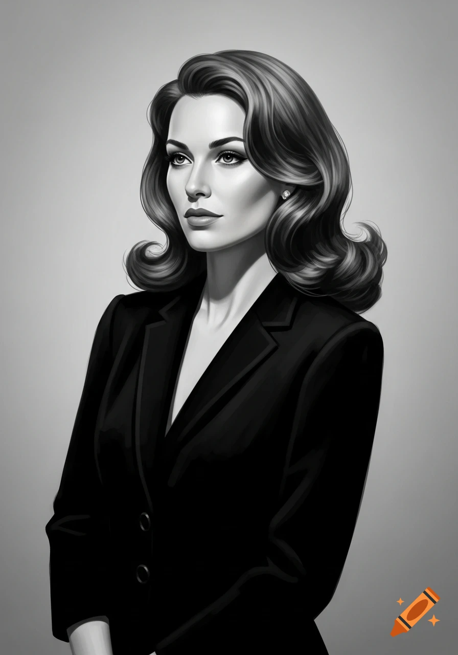 Elegant black and white digital illustration of a woman in a blazer ...