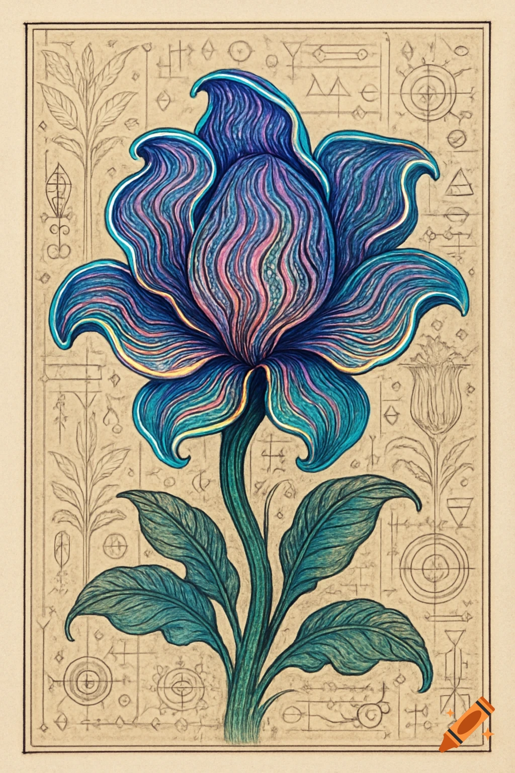 A vibrant botanical illustration of an otherworldly blue and pink flower with wavy petals on a parchment background with faint alchemical symbols and blueprints.