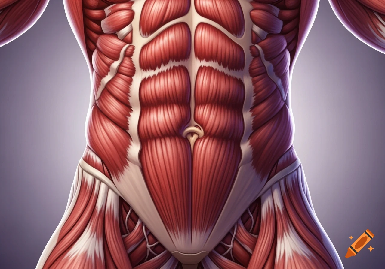 Detailed anatomical illustration of human core muscles, including abdominals and obliques, against a purple gradient background.