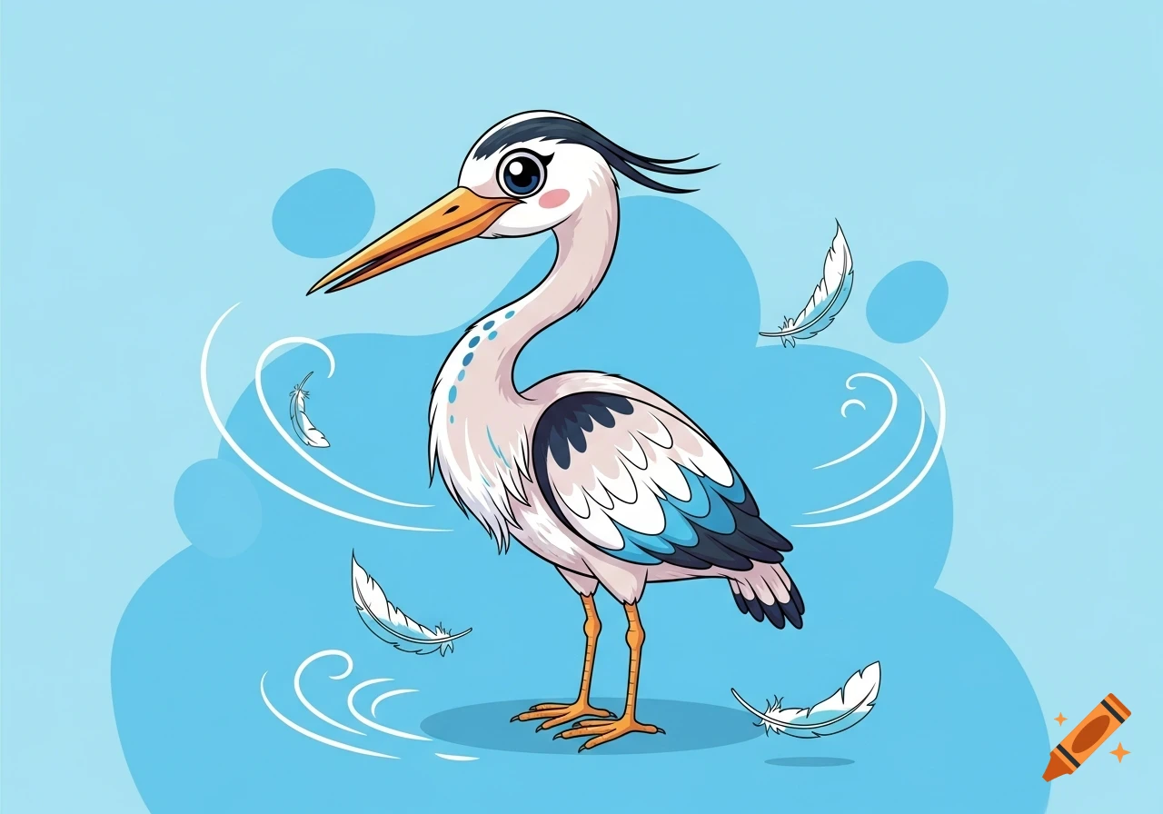 A cartoon heron with white, blue, and black feathers stands on a light blue background, surrounded by white feathers and decorative swirls.