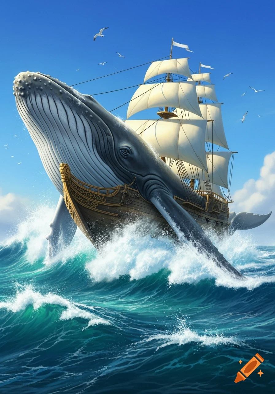 A majestic whale with a sailing ship built into its back breaches choppy blue ocean waves under a clear sky, with seagulls overhead.