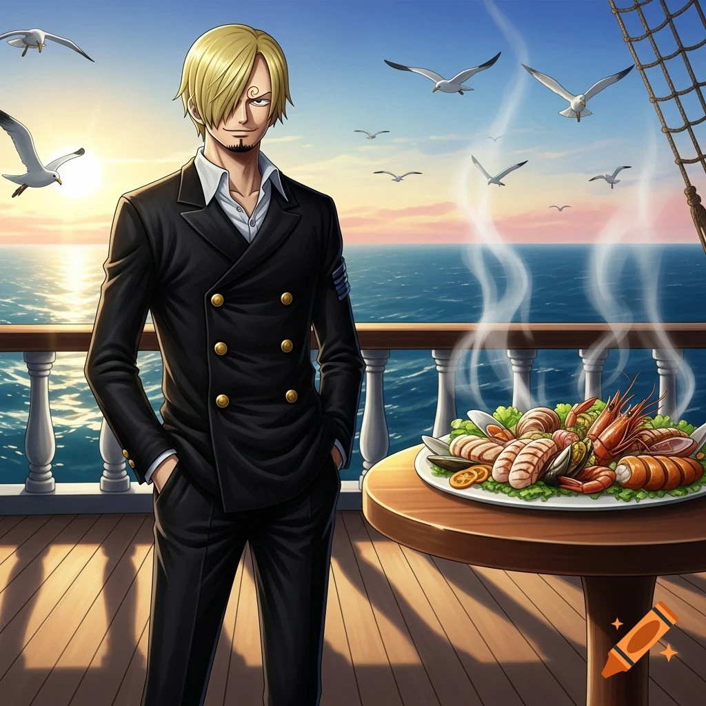 Sanji from One Piece stands on a ship deck, hands in pockets, next to a steaming plate of seafood under a sunset sky with gulls.