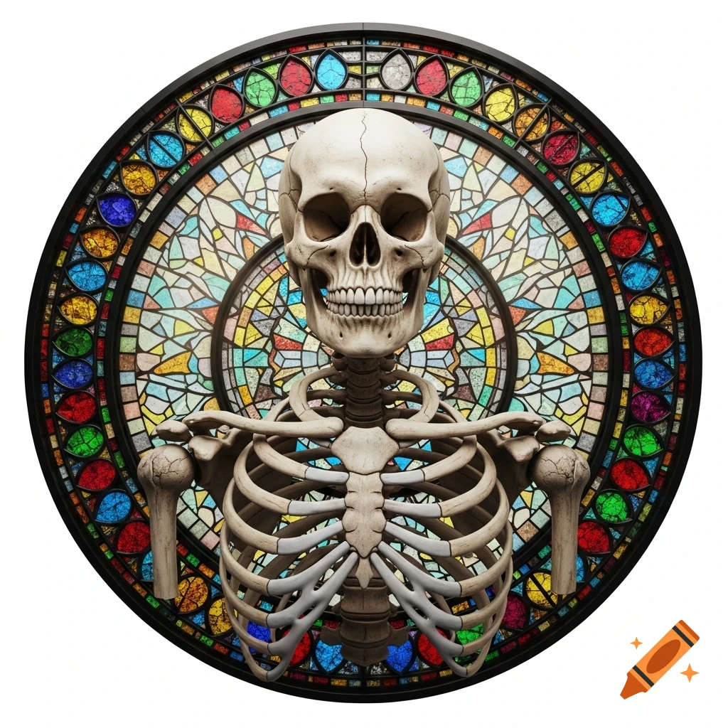 A detailed skeleton bust with a white skull and bone ribs centered against a vibrant circular stained glass background.