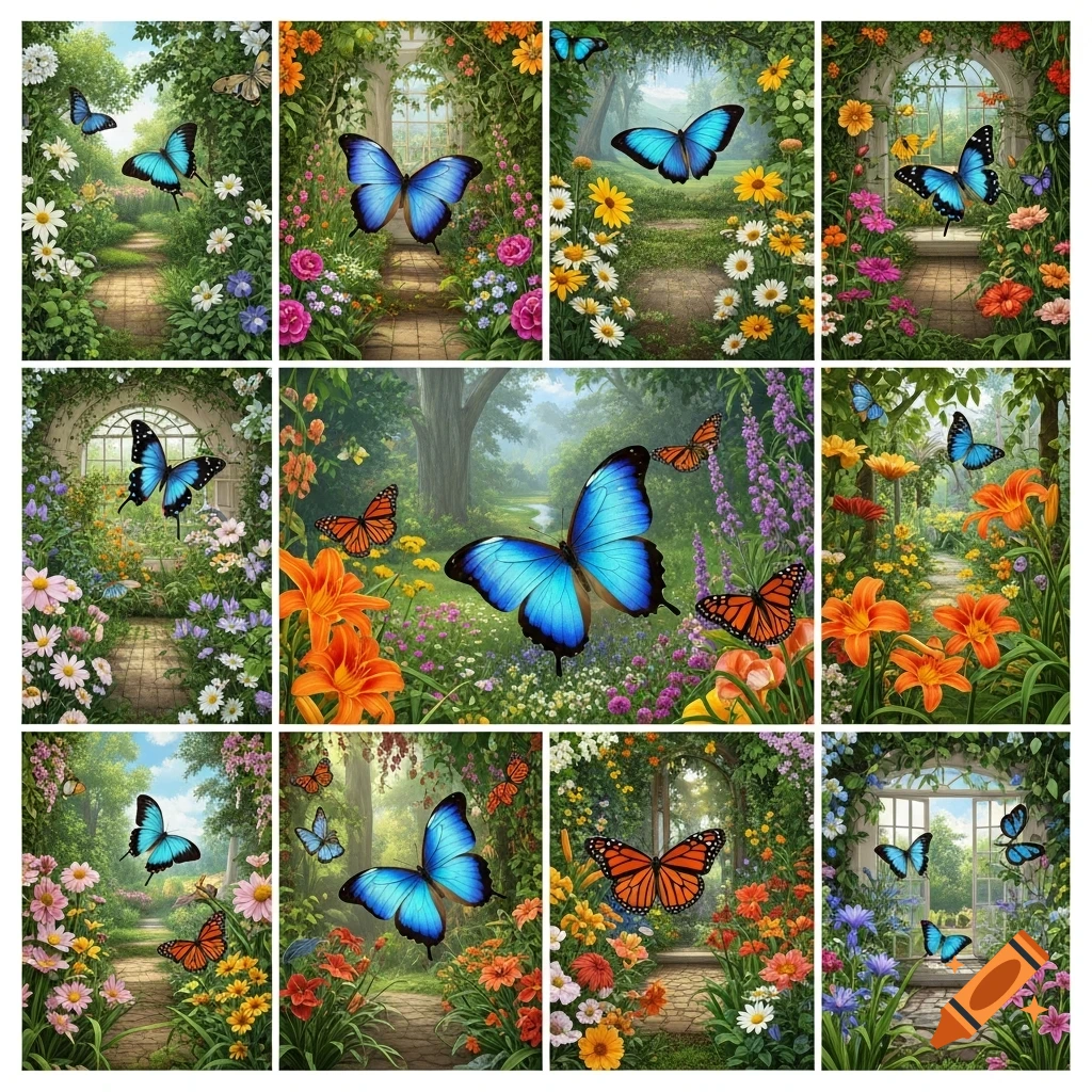 Ten vibrant digital art panels showing garden paths winding through lush colorful flowers with blue and orange butterflies.
