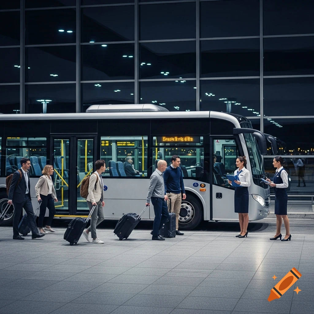 Photorealistic image of travelers with luggage interacting with staff near an airport transfer bus at night.