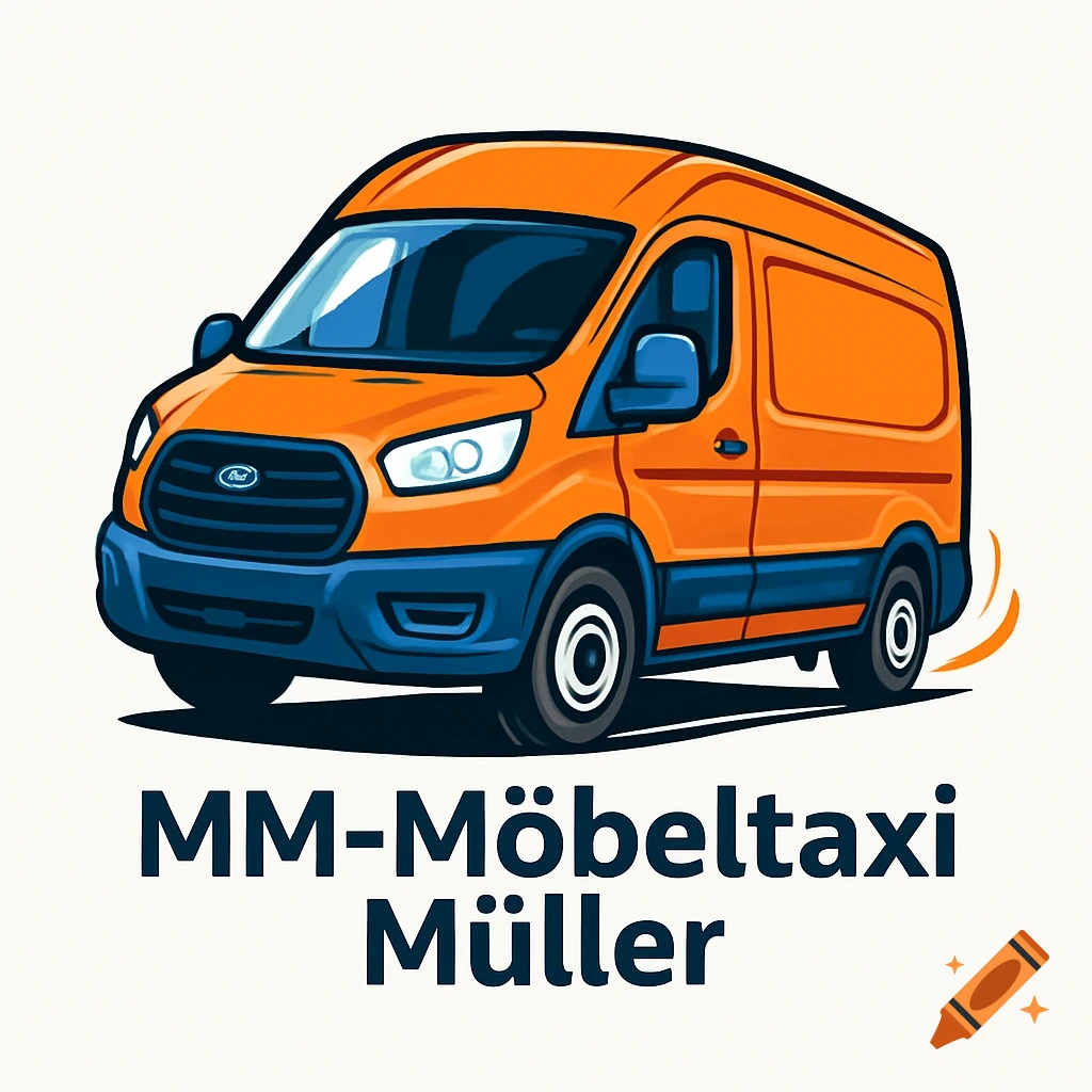 Cartoon logo of an orange and blue Ford Transit van with the text 'MM-Möbeltaxi Müller' below it.