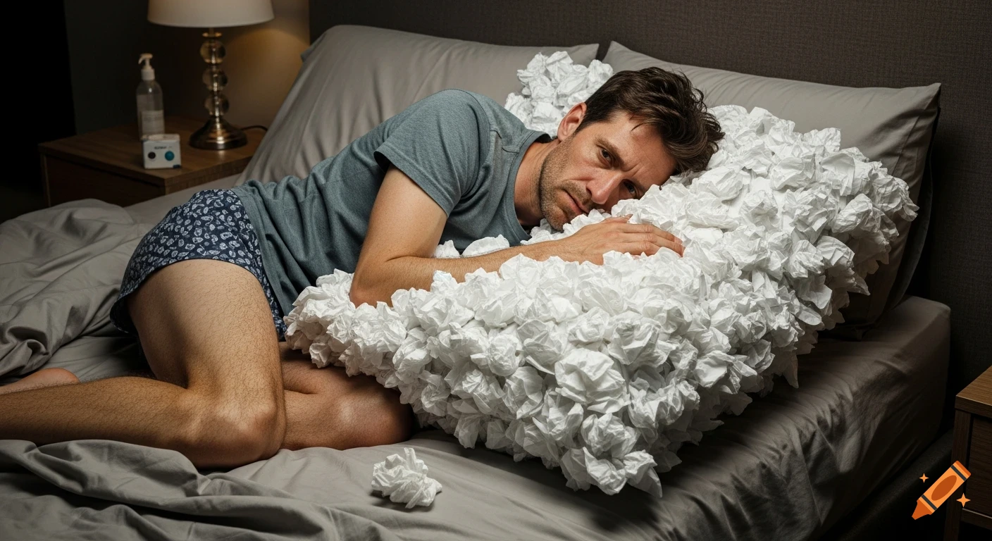 A tired man with a gaunt expression lies curled up in bed, his head resting on a huge pillow made of crumpled tissues.