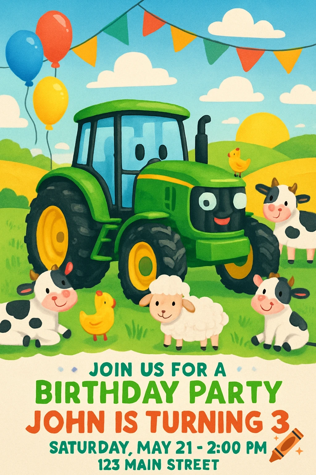 A cartoon farm birthday invitation card with a green tractor, cows, sheep, chicks, balloons, and 'John is turning 3' text.