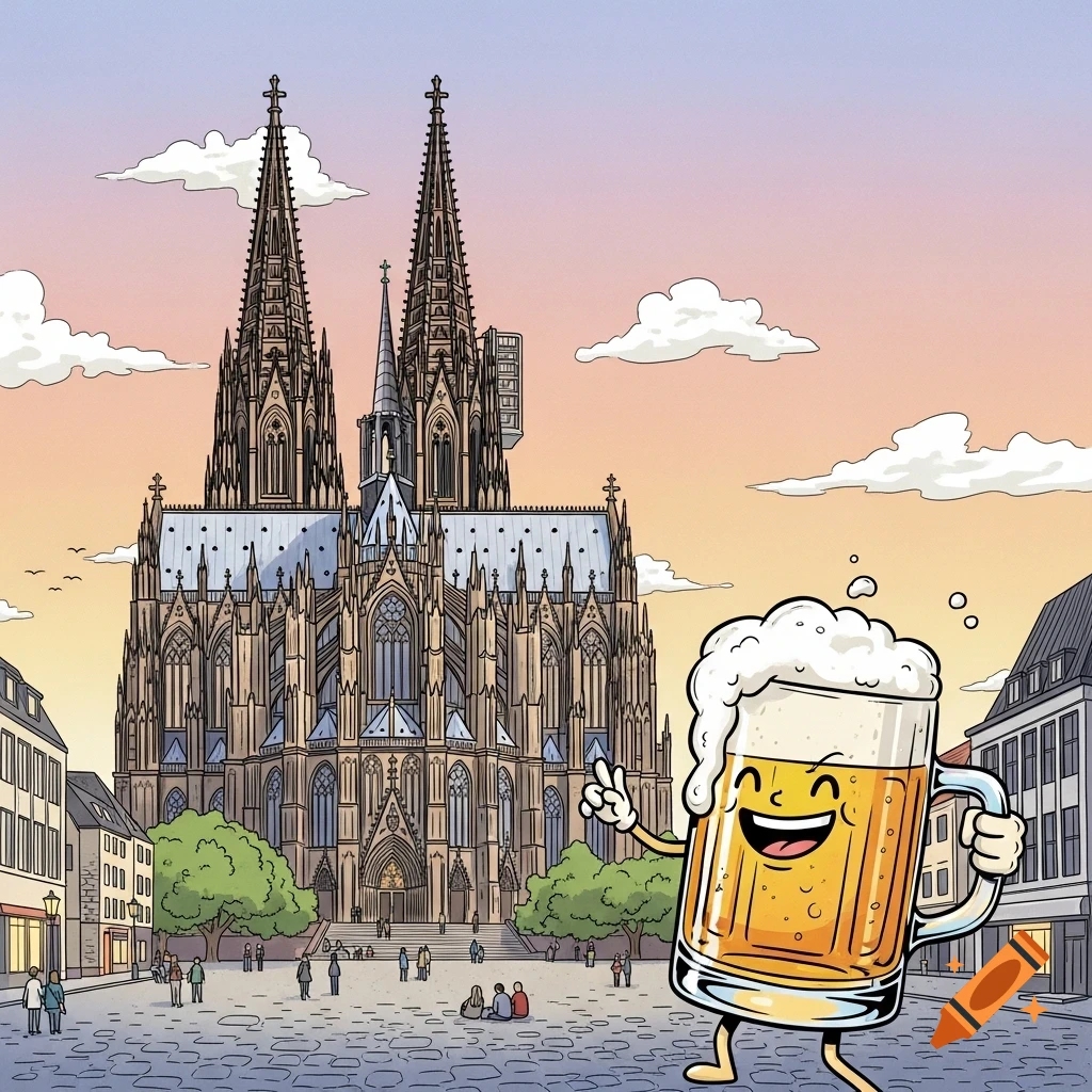 Cartoon of a cheerful beer mug character holding up a peace sign in front of the Cologne Cathedral at sunset.