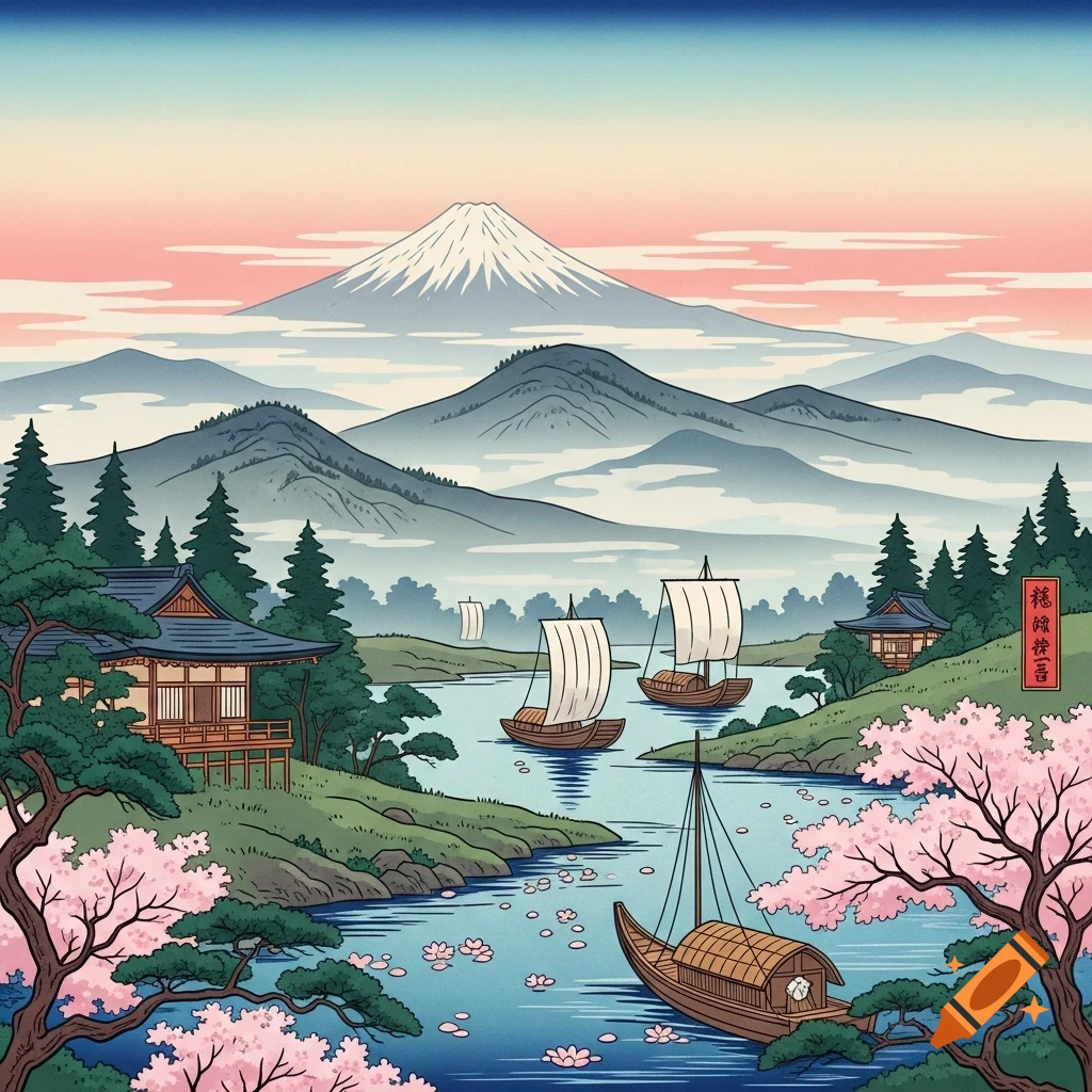 A vibrant Ukiyo-e style Japanese landscape with Mt. Fuji, a river with boats, traditional buildings, and cherry blossoms under a pink sky.