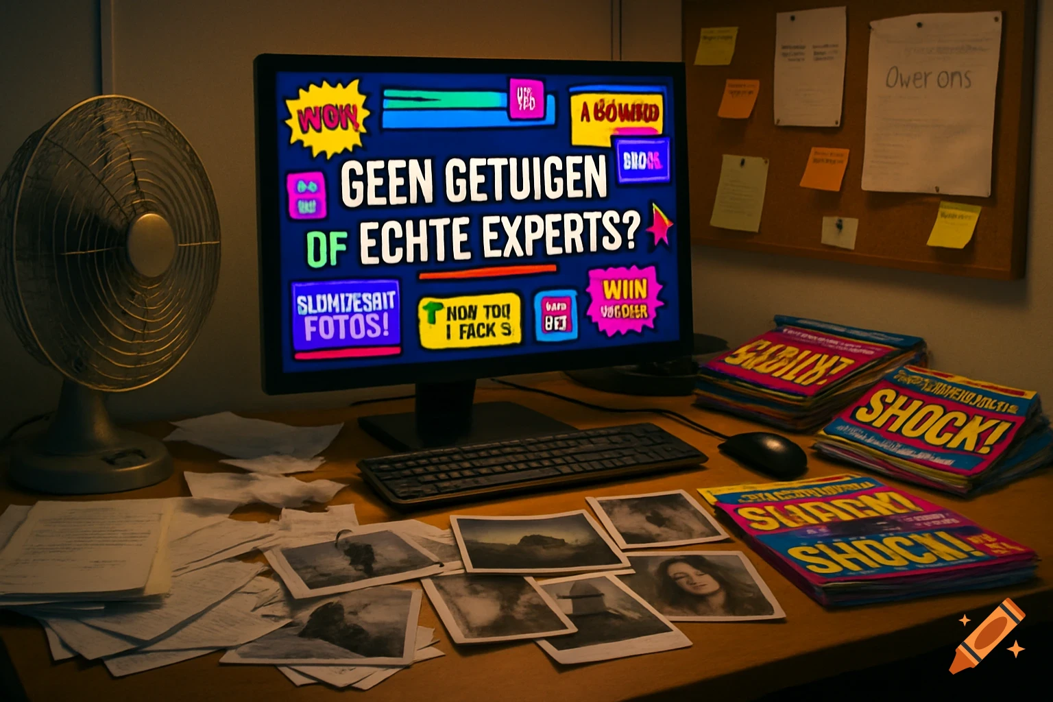 A messy desk with a computer displaying a clickbait headline, a vintage fan, scattered papers, printed photos, and stacks of magazines.