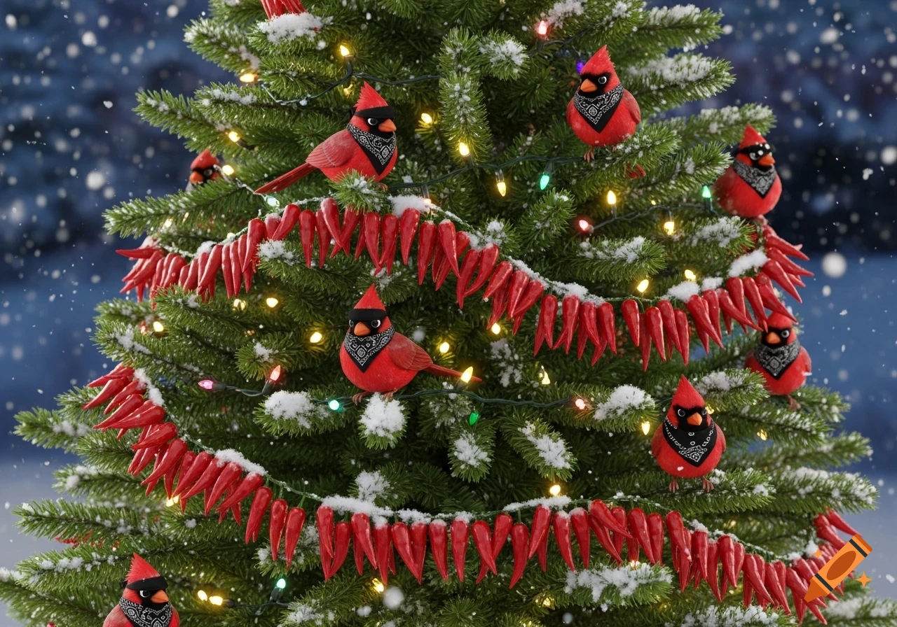 A festive Christmas tree adorned with colorful lights, snow, red chile ...