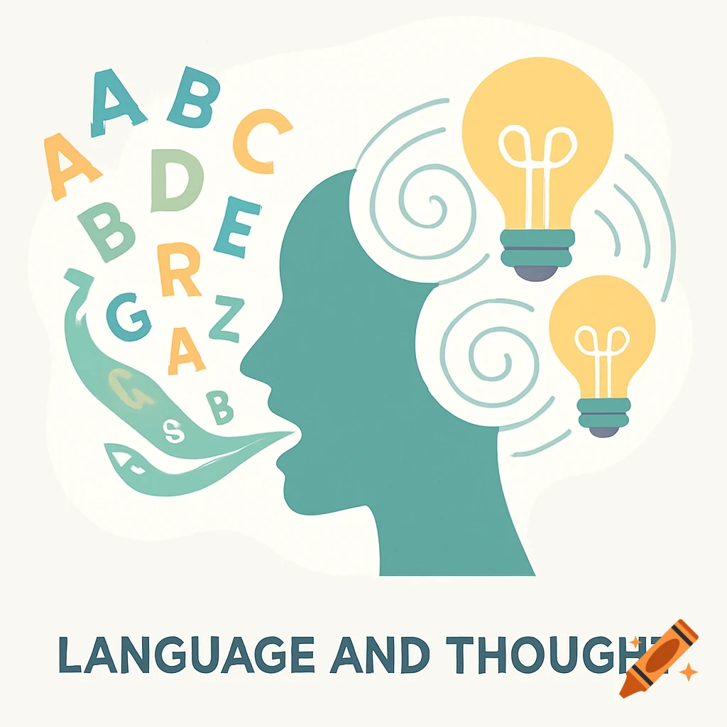 A teal silhouette of a person's head speaking letters, with lightbulbs illuminating above it. Text reads "LANGUAGE AND THOUGHT".