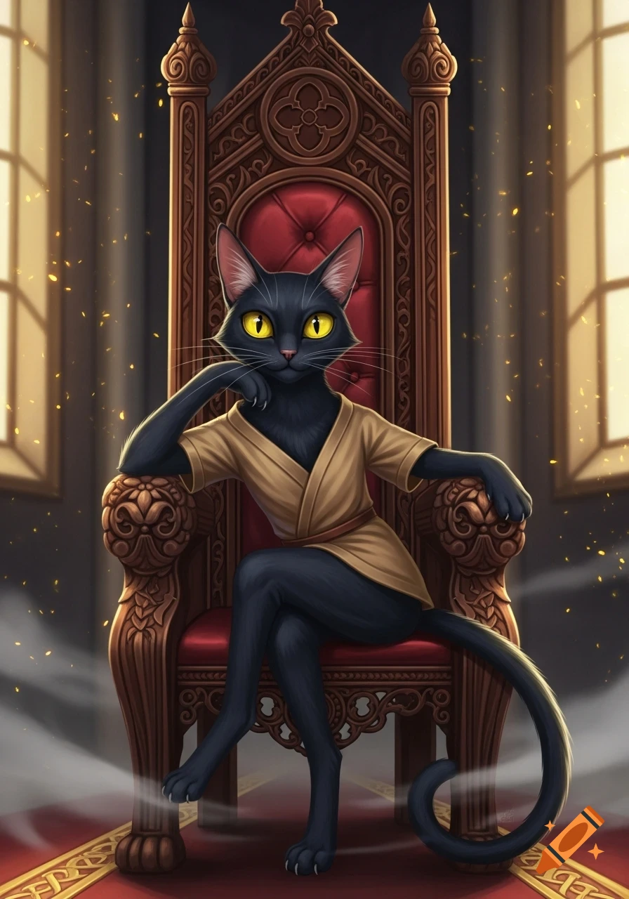 A smug bipedal black cat with yellow eyes and a tan robe sits confidently on an ornate throne in anime style.