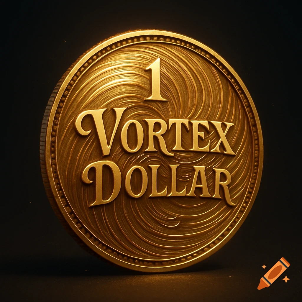 Close-up of a detailed golden coin with "1 Vortex Dollar" embossed in elegant script over swirling patterns.