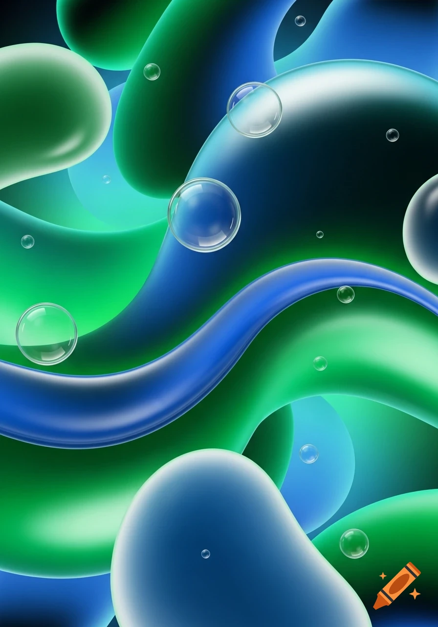 Vibrant abstract green and blue flowing shapes with shiny reflections, gradients, and floating bubbles.