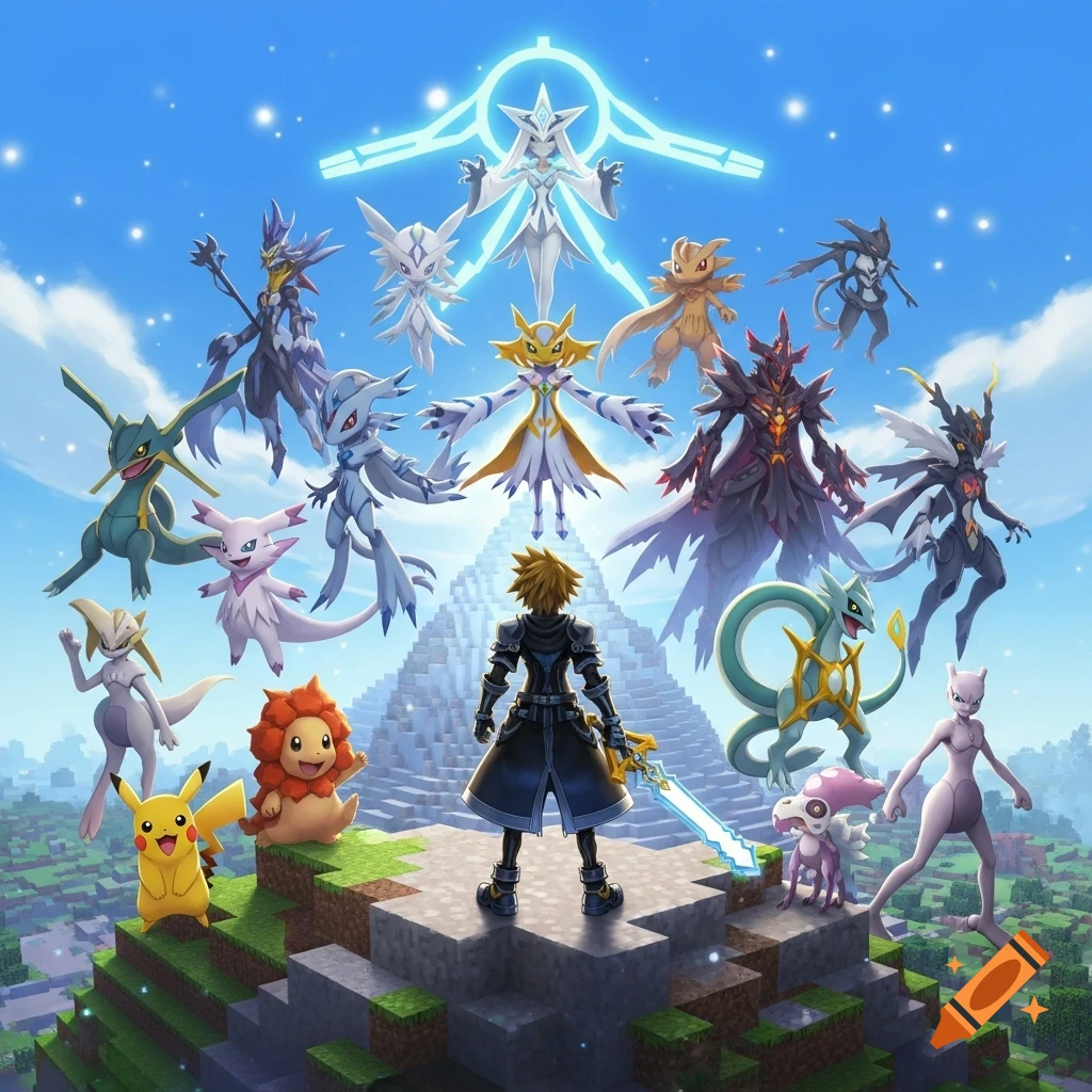 A Dream Walker with a Key-blade stands on a blocky Minecraft mountain, surrounded by various Pokémon-like creatures and a glowing ethereal being in a vibrant sky.
