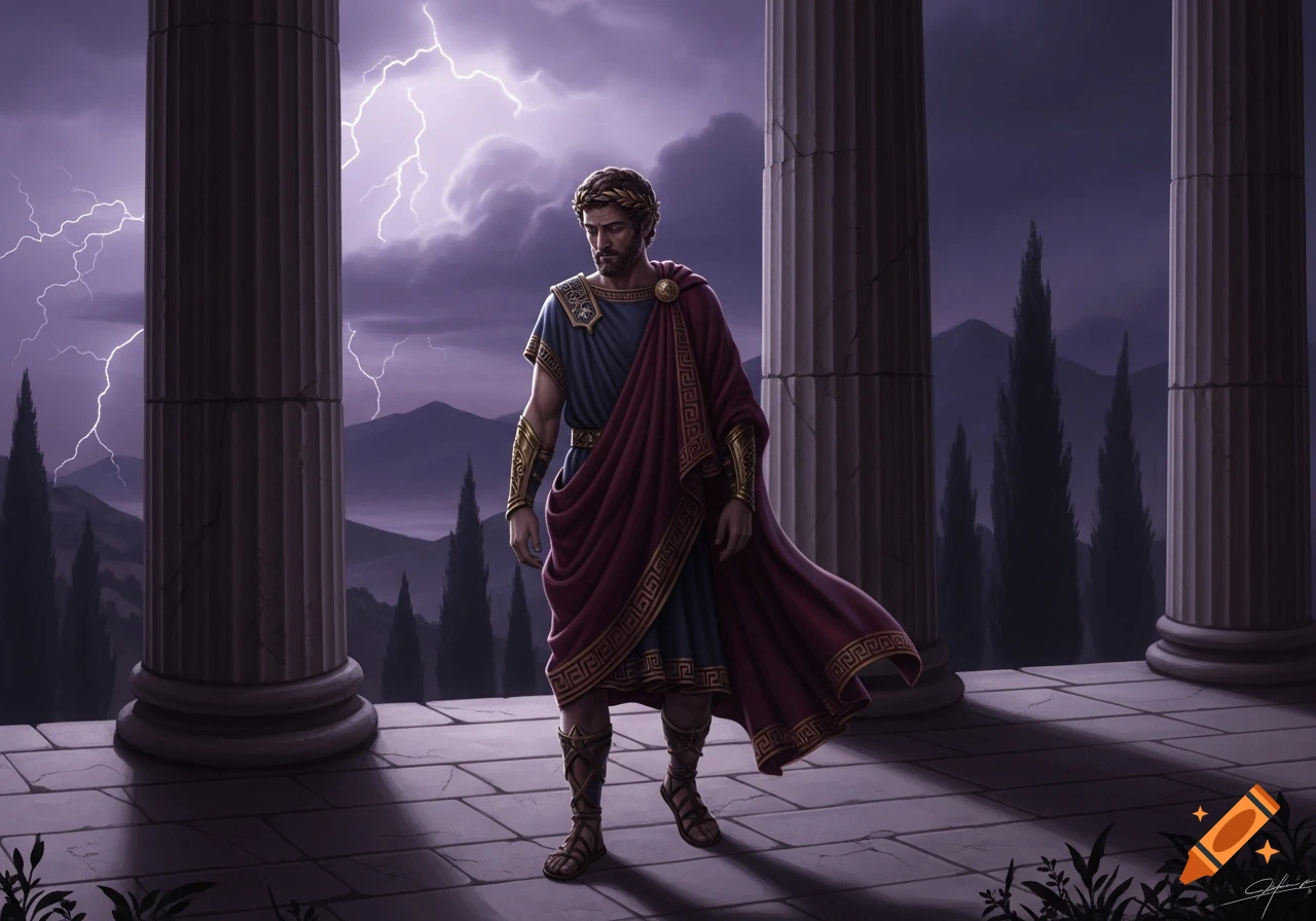 A solemn man in a red and blue toga with a laurel crown stands between ancient columns during a lightning storm, with mountains in the background.