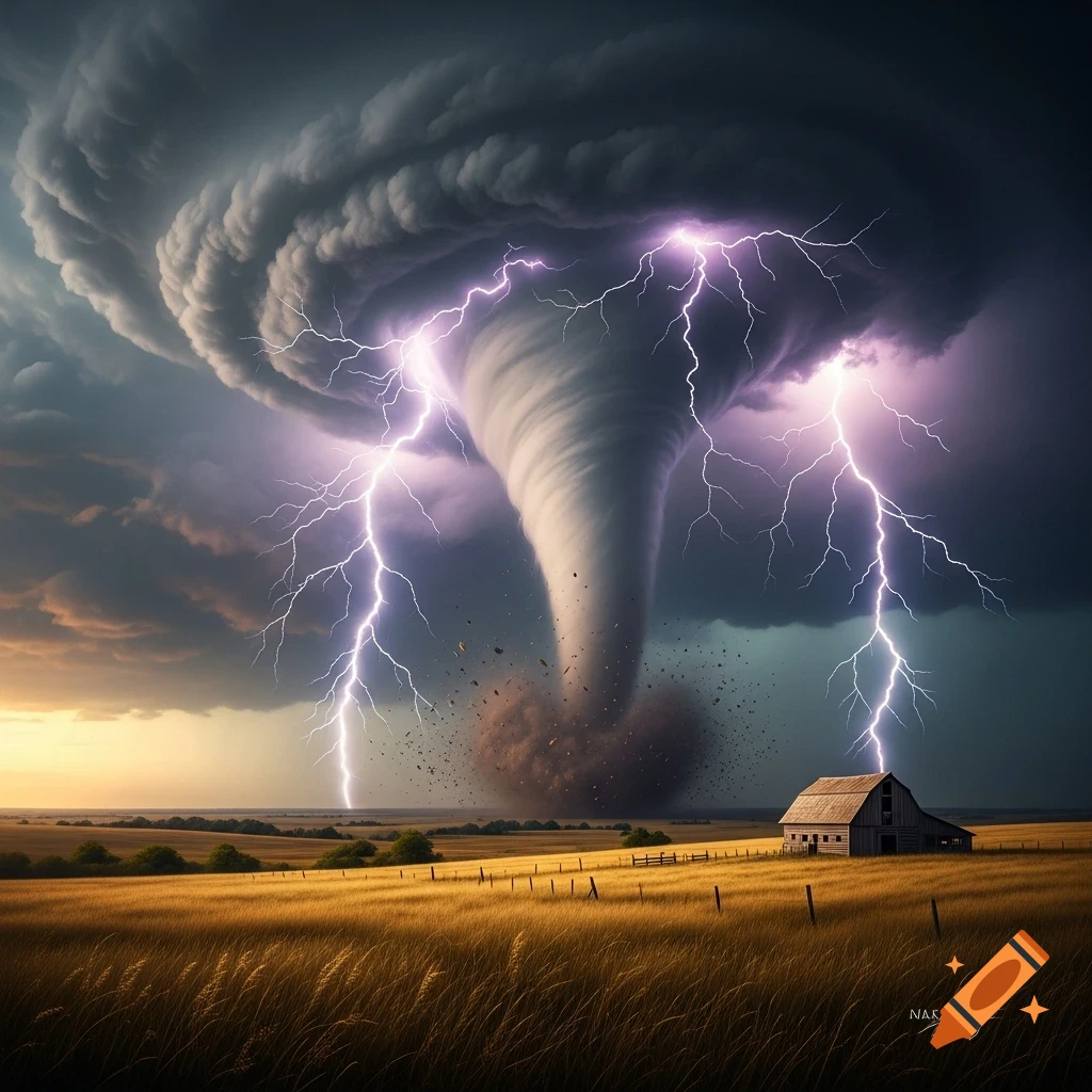 A massive tornado swirls under dark, stormy clouds with multiple lightning bolts striking a golden field and a small barn at sunset.