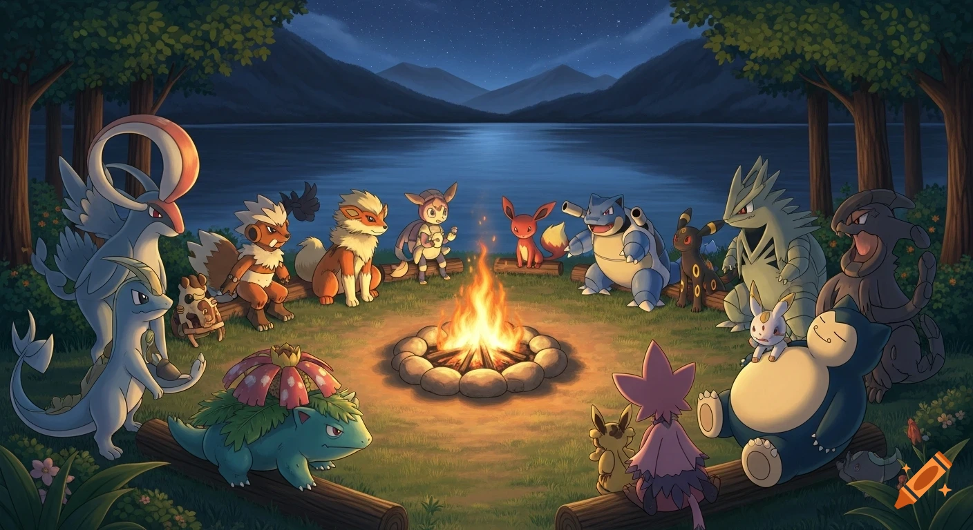 Various Pokémon characters gathered around a crackling campfire by a lake at night, under a starry sky.