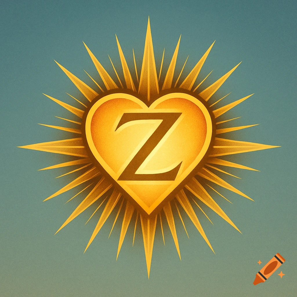 A golden heart-shaped sun with radiating rays, featuring a bold 'Z' in its center, against a blue background.