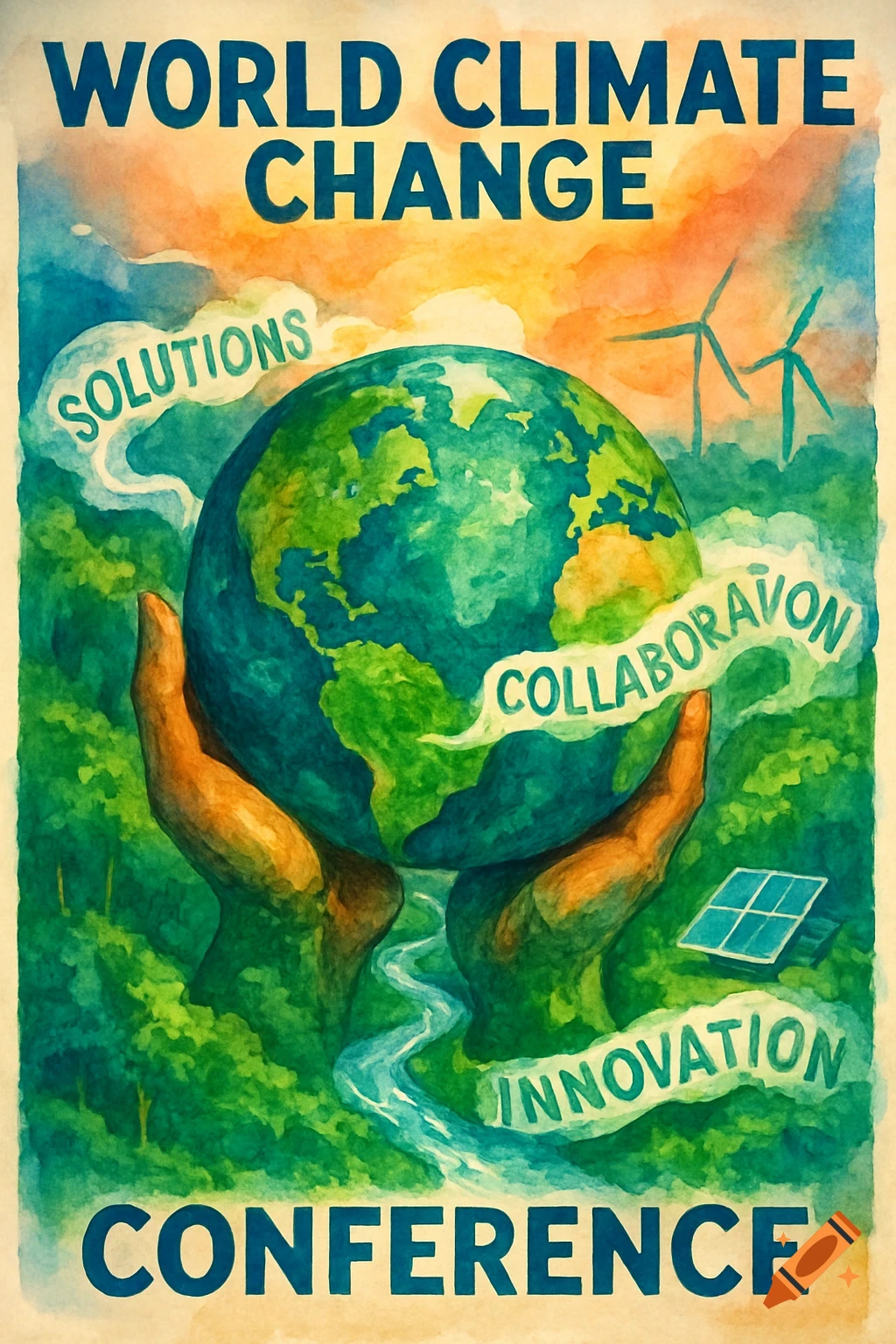 Watercolor poster depicting hands holding a globe for a World Climate Change Conference, with renewable energy symbols and related text.