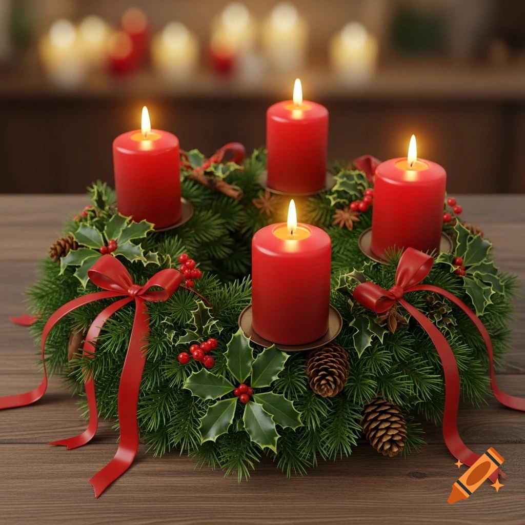 A photorealistic Advent wreath with four lit red candles, green pine branches, red holly berries, pinecones, and red ribbons on a wooden table.